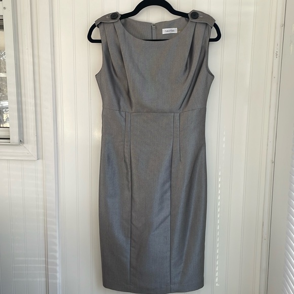 Calvin Klein Silver Metallic Sleeveless Sheath Dress Button Details Pleated 4 - Picture 3 of 14